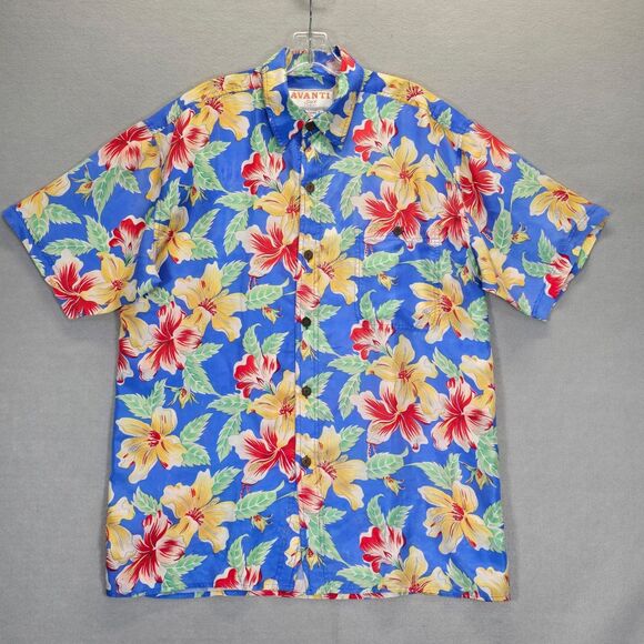 Avanti Hawaiian Shirt L Tropical Floral Red Silk Short Sleeve Aloha Cruise Luau - Picture 1 of 11